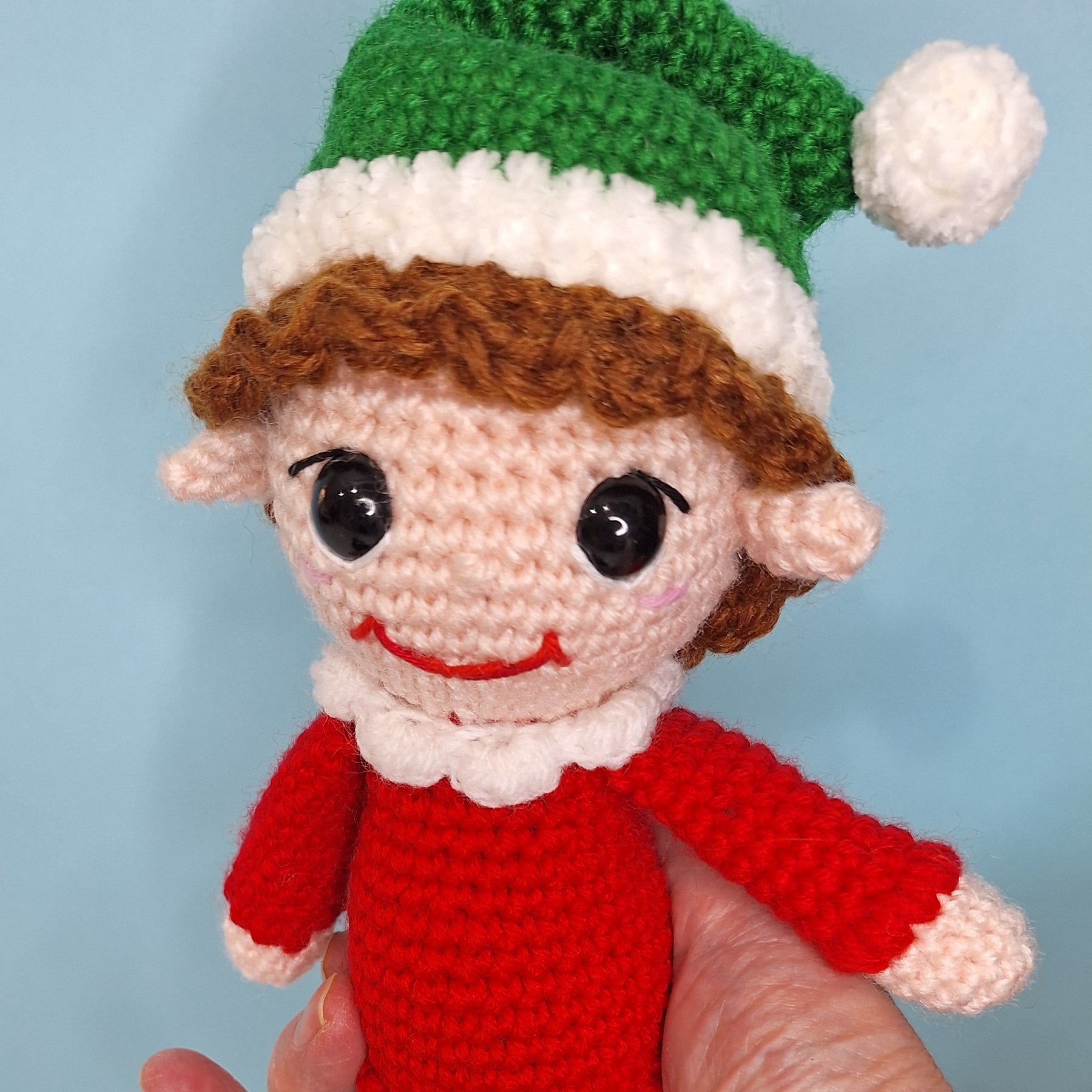 Crocheted Christmas Elf- designed to sit on a shelf