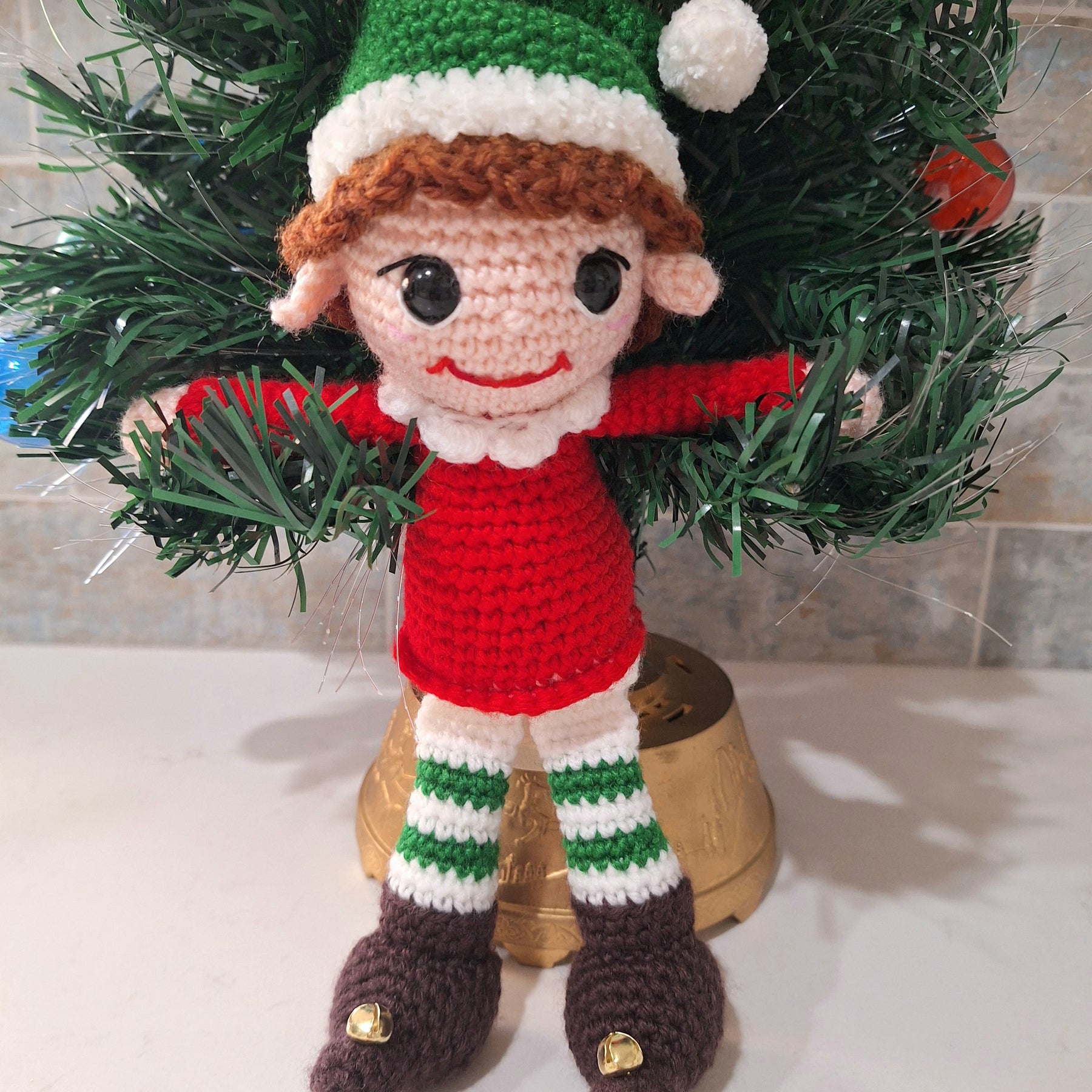 Crocheted Christmas Elf- designed to sit on a shelf