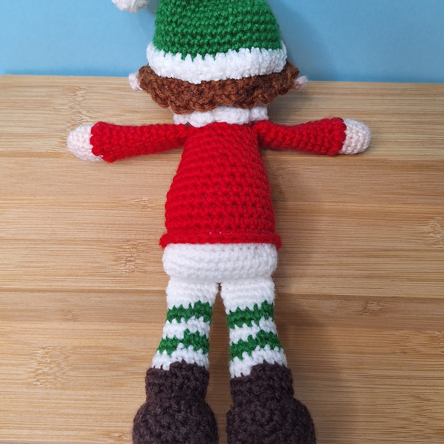 Crocheted Christmas Elf- designed to sit on a shelf