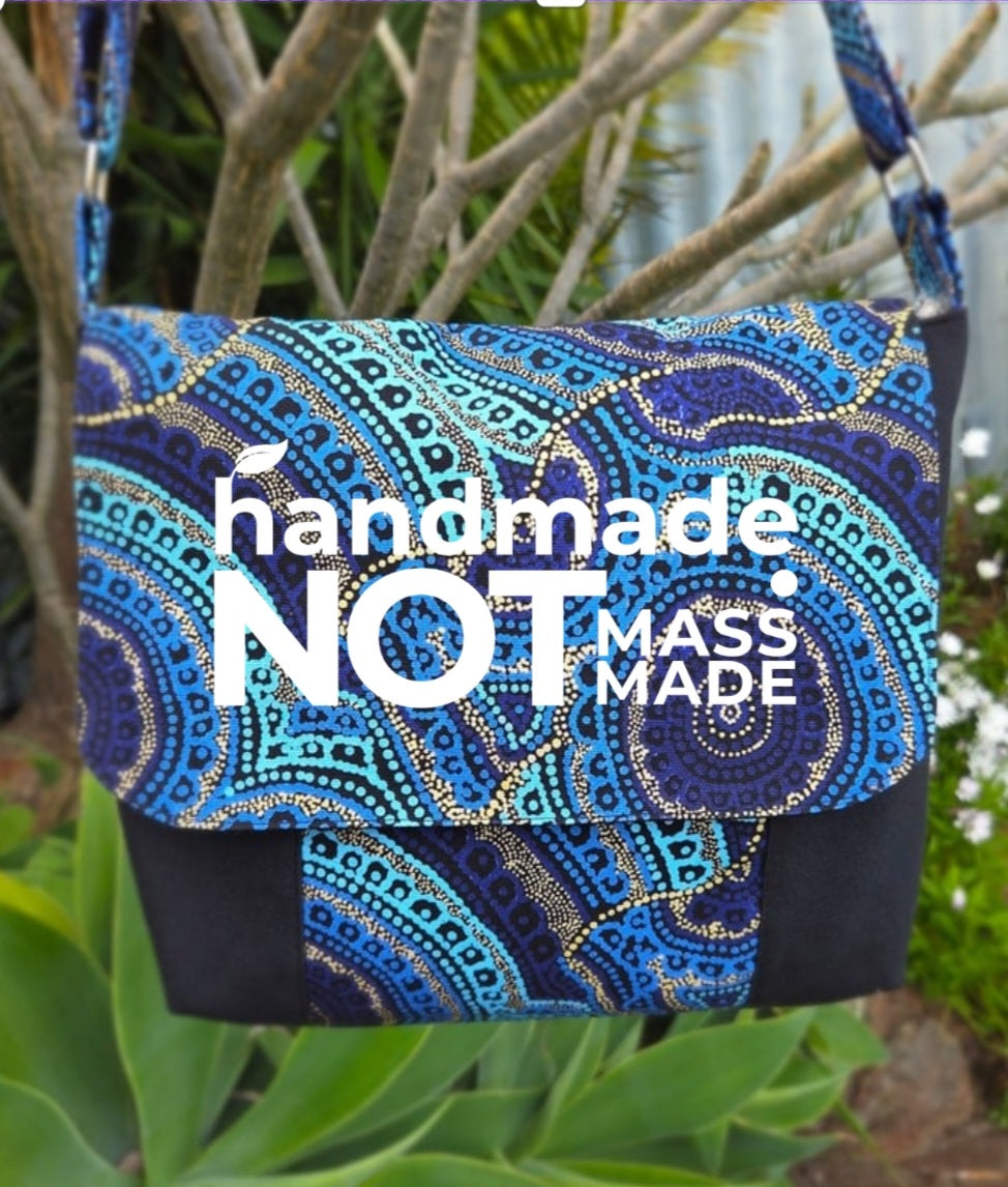 Spacious Cross Body Bag with two pockets in Blue Dot Print fabric