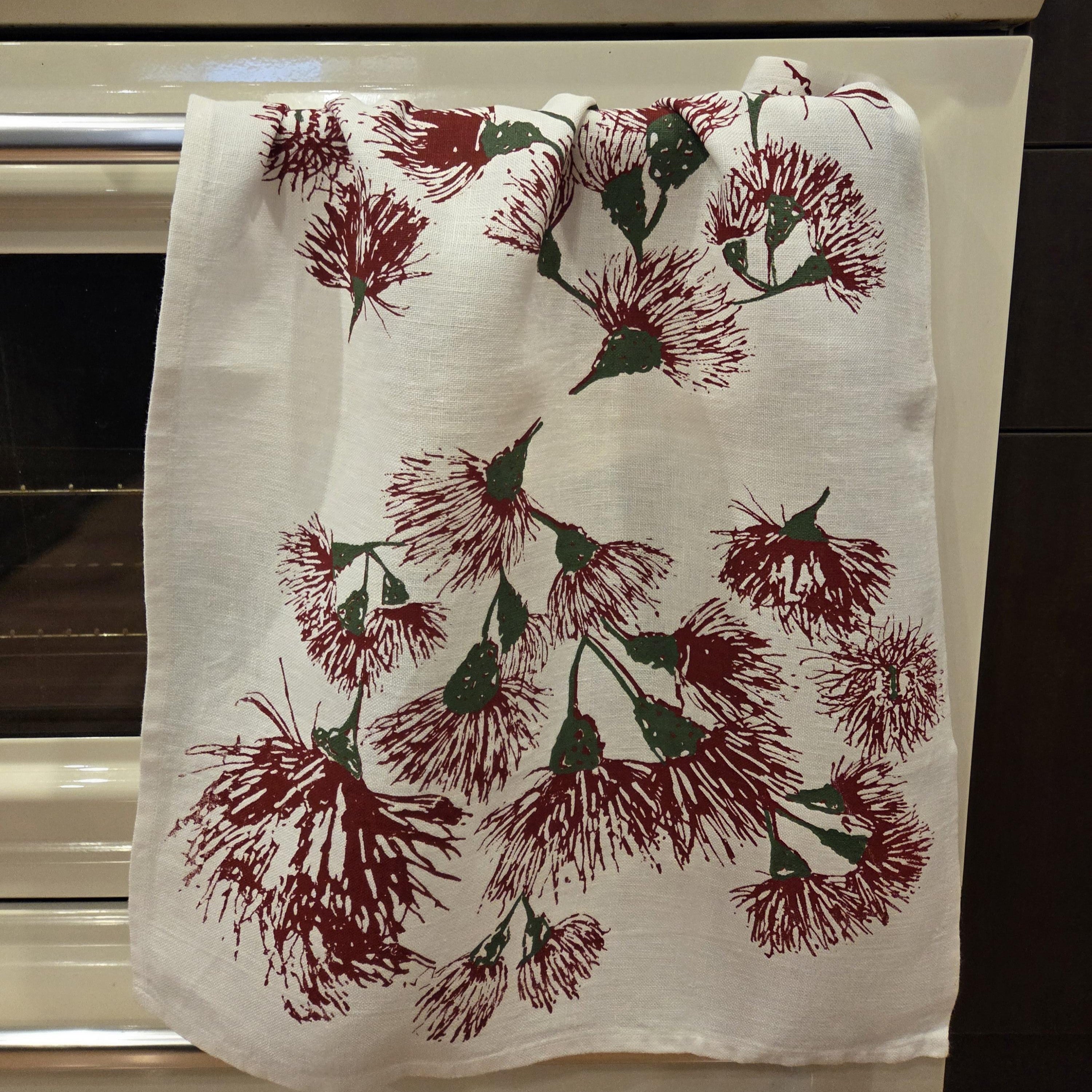Hand screen printed Linen Tea Towels-Blossoms
