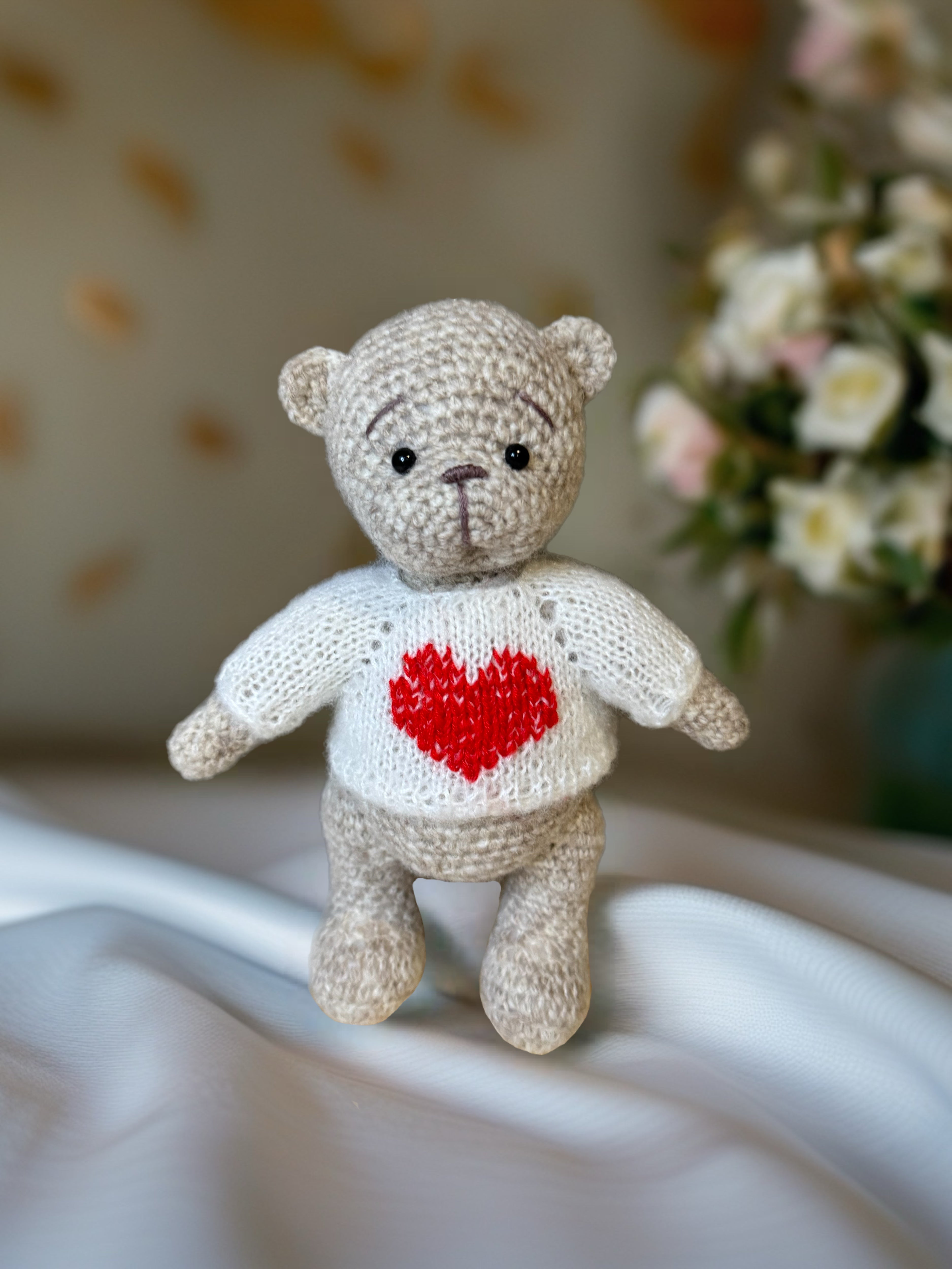 Handmade Amigurumi Bear in the White Sweater with Heart Toy