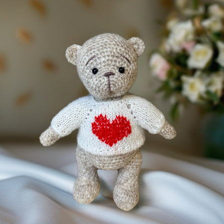 Handmade Amigurumi Bear in the White Sweater with Heart Toy