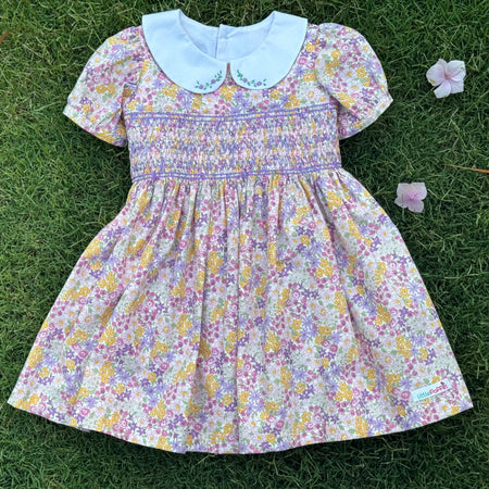 Girls' Vintage Floral Smocked Dress with Hand Embroidered Collars