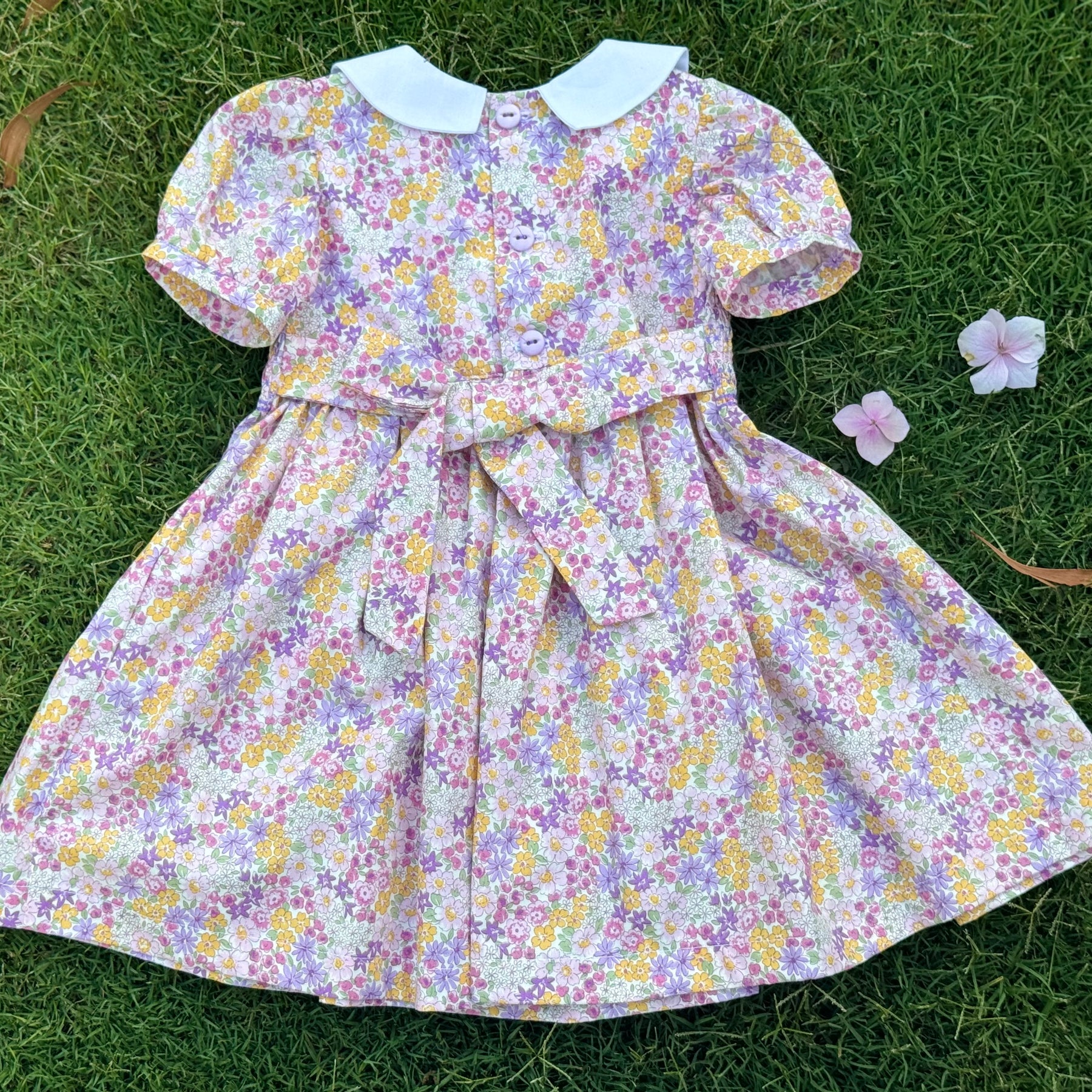 Girls' Vintage Floral Smocked Dress with Hand Embroidered Collars