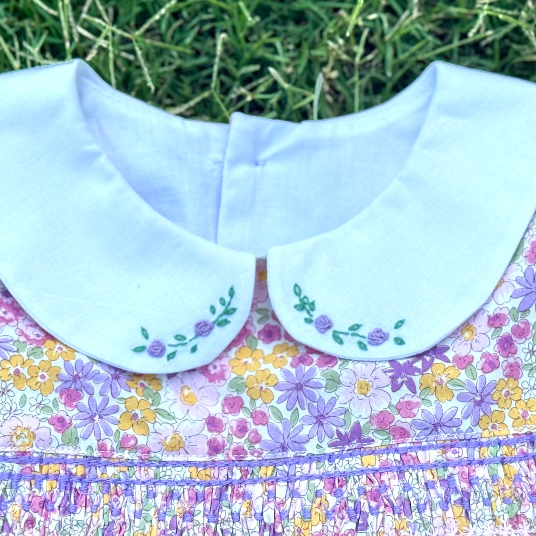 Girls' Vintage Floral Smocked Dress with Hand Embroidered Collars