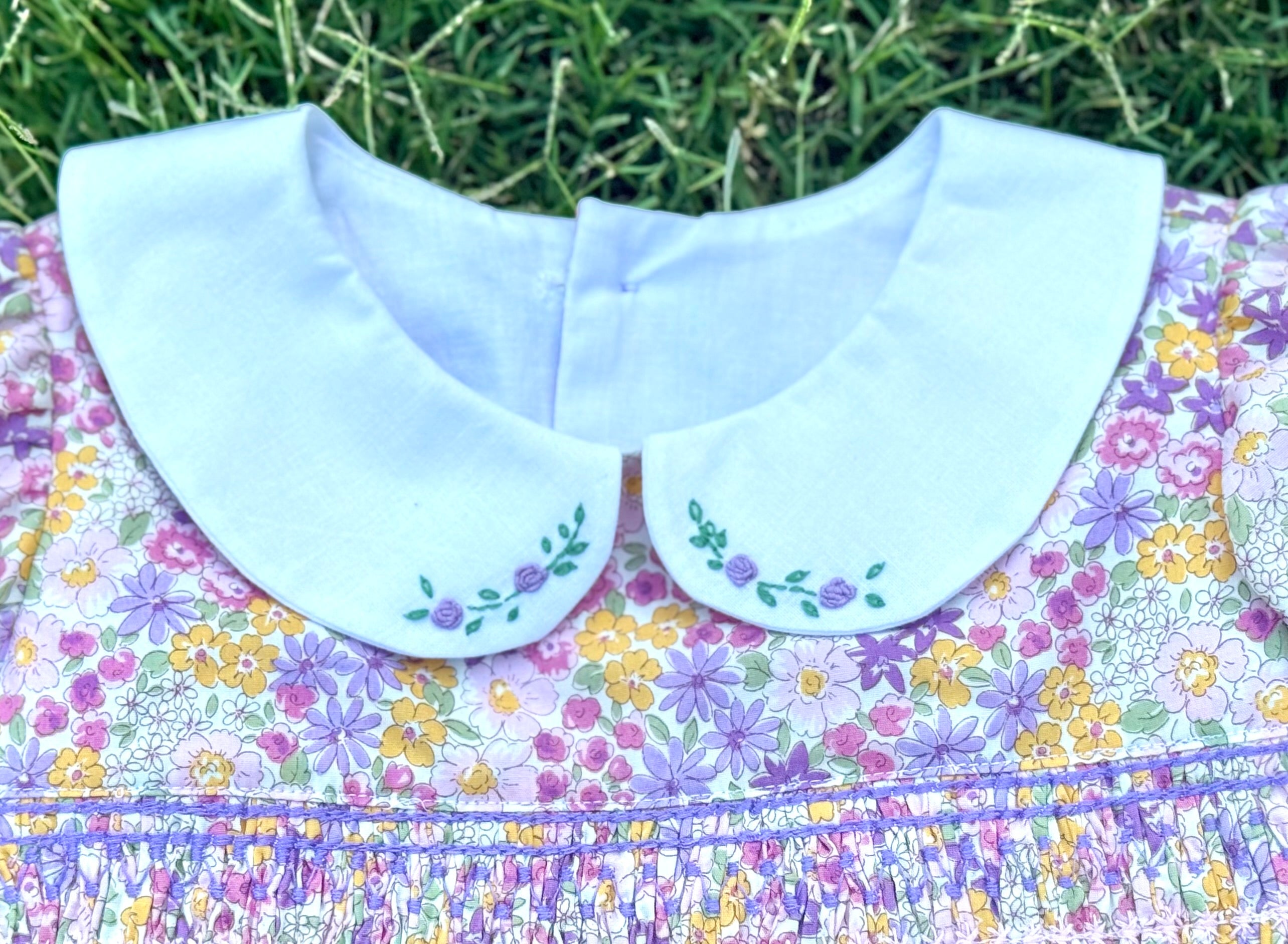 Girls' Vintage Floral Smocked Dress with Hand Embroidered Collars