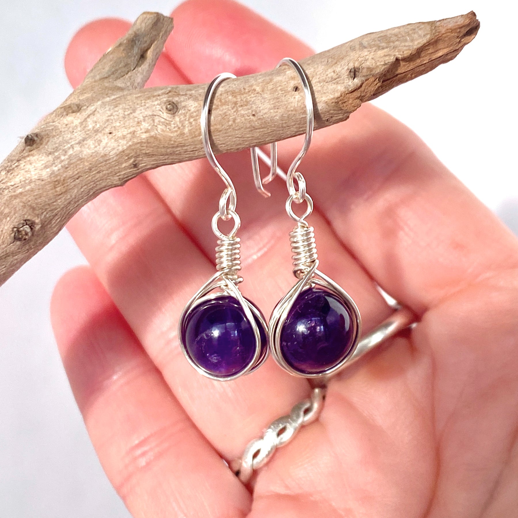 Amethyst Gemstone Silver Earrings | Wire Wrap Jewellery