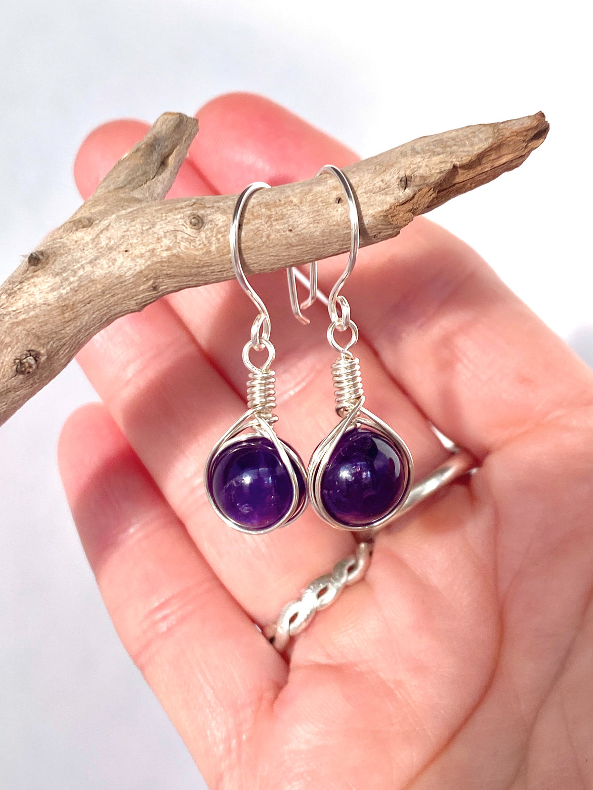 Amethyst Gemstone Silver Earrings | Wire Wrap Jewellery