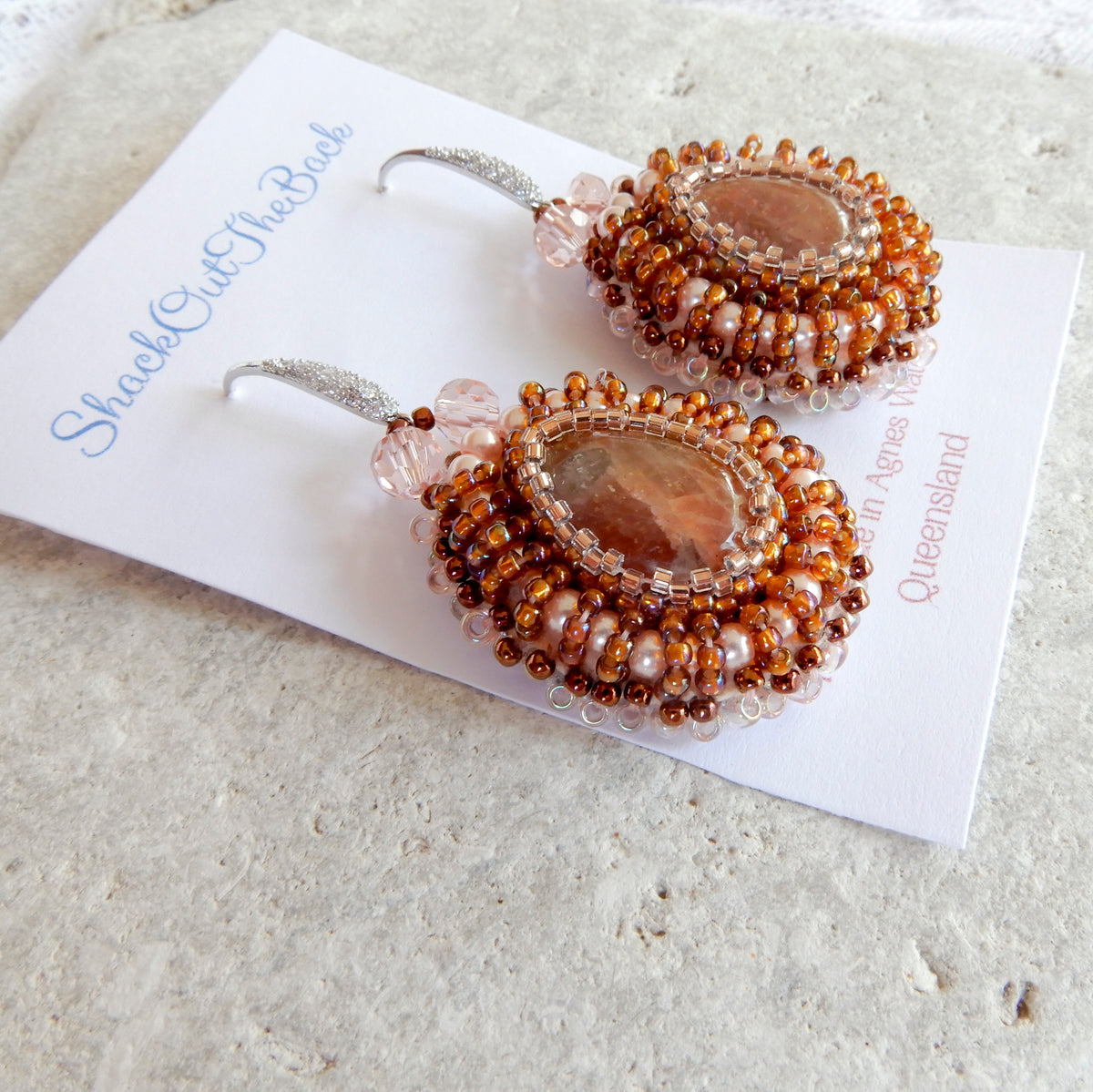 Bead Embroidered Goldstone & Crystal Earrings