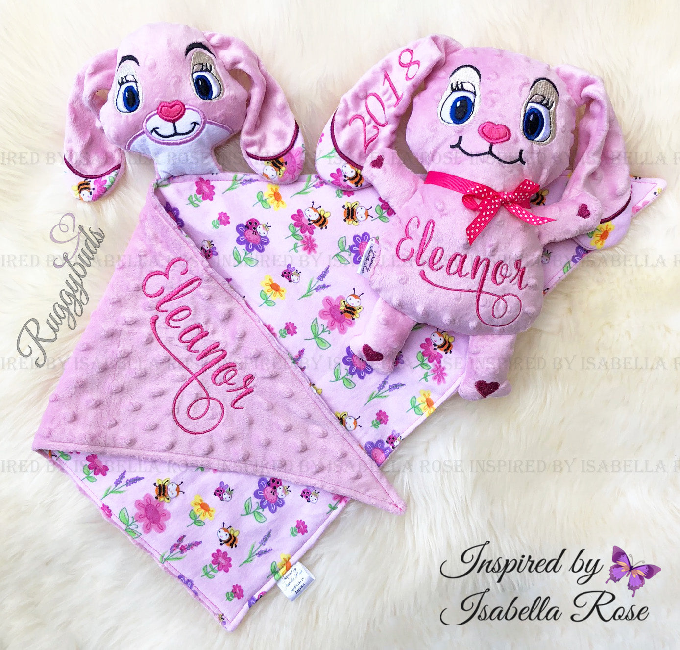 Baby comforter, Embroidered name, Bunny themed Ruggybud, Made to order
