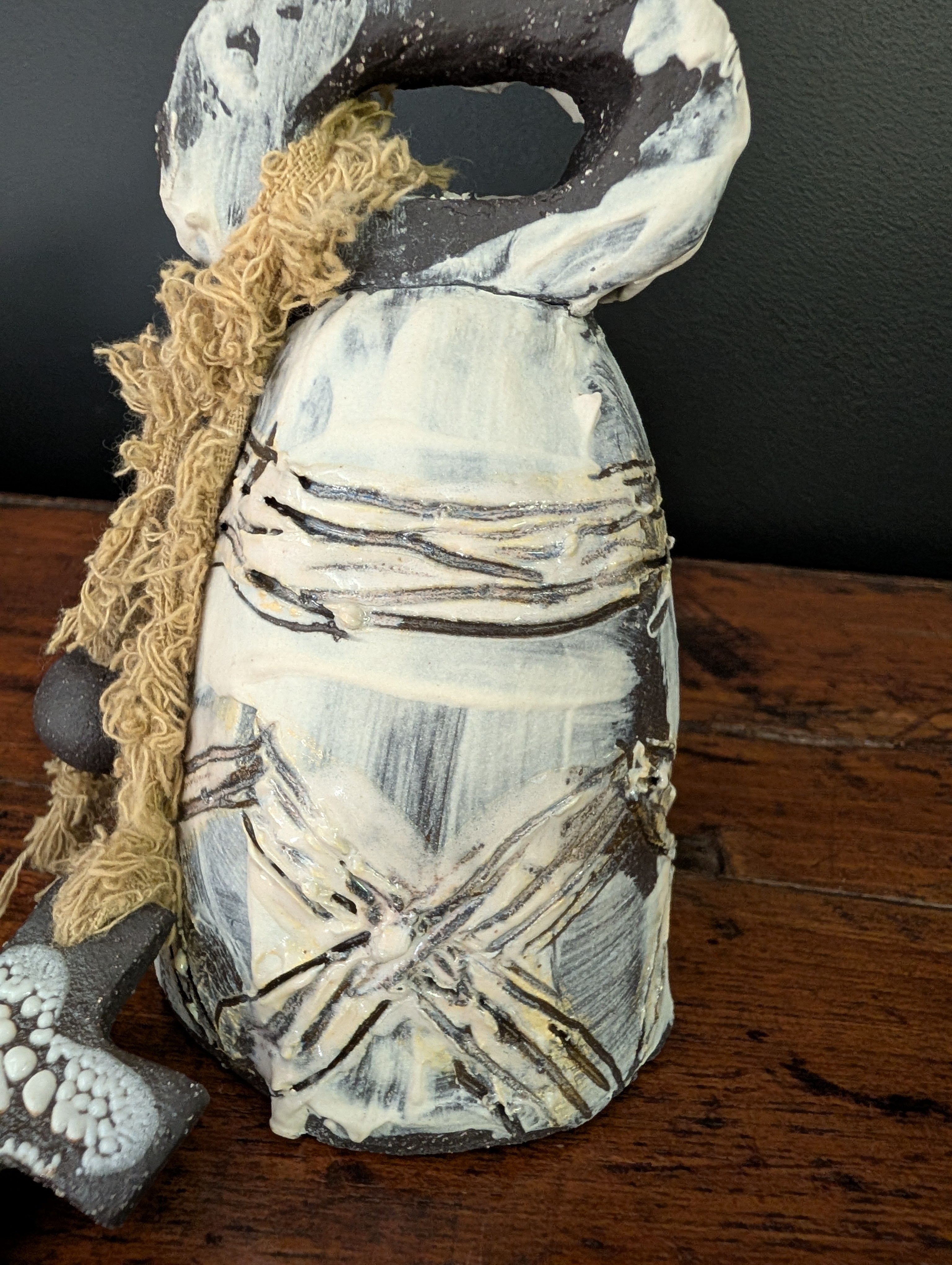 Large Handcrafted Ceramic Bell - Timeless, Rustic with Cross accents