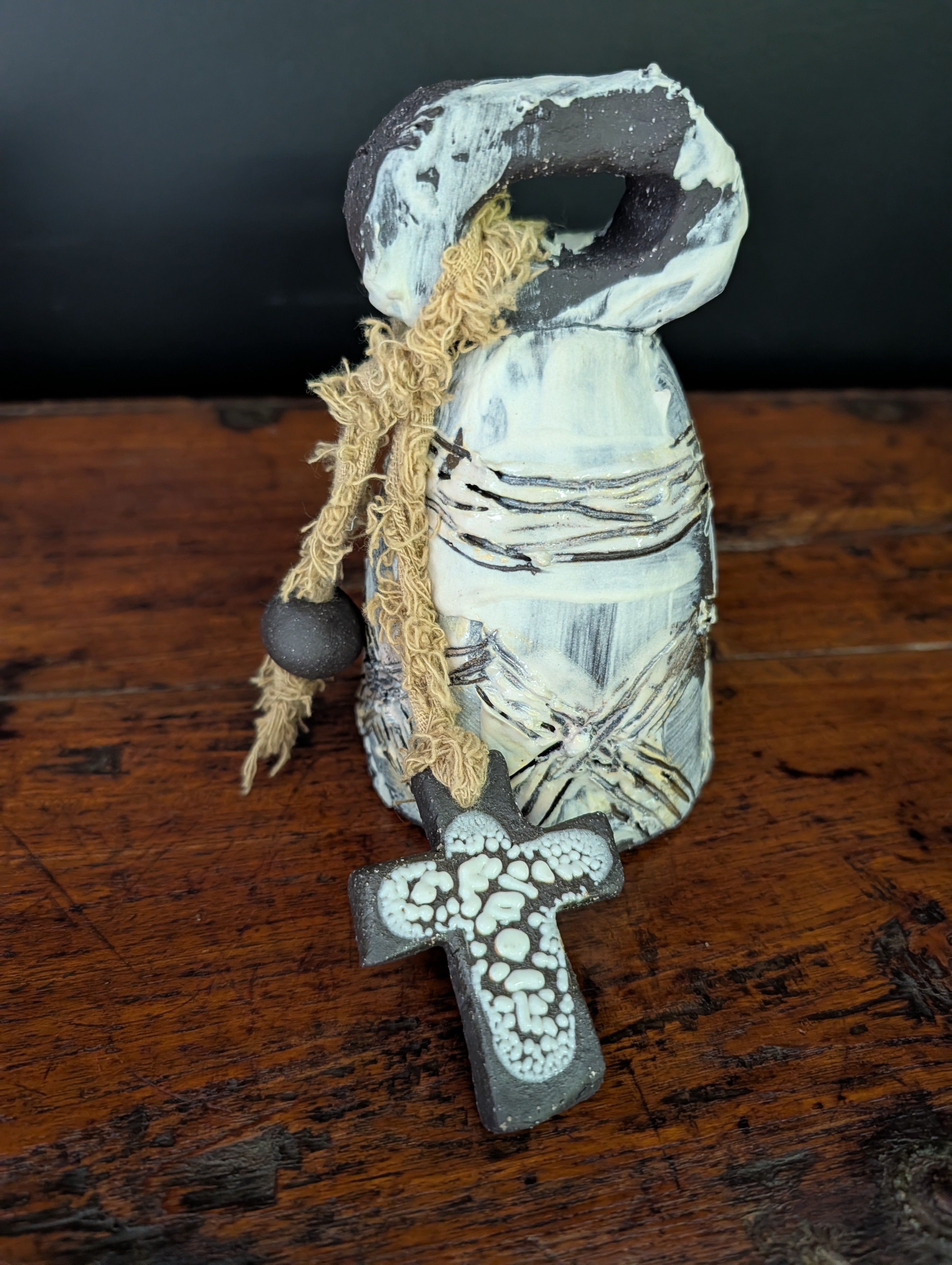 Large Handcrafted Ceramic Bell - Timeless, Rustic with Cross accents