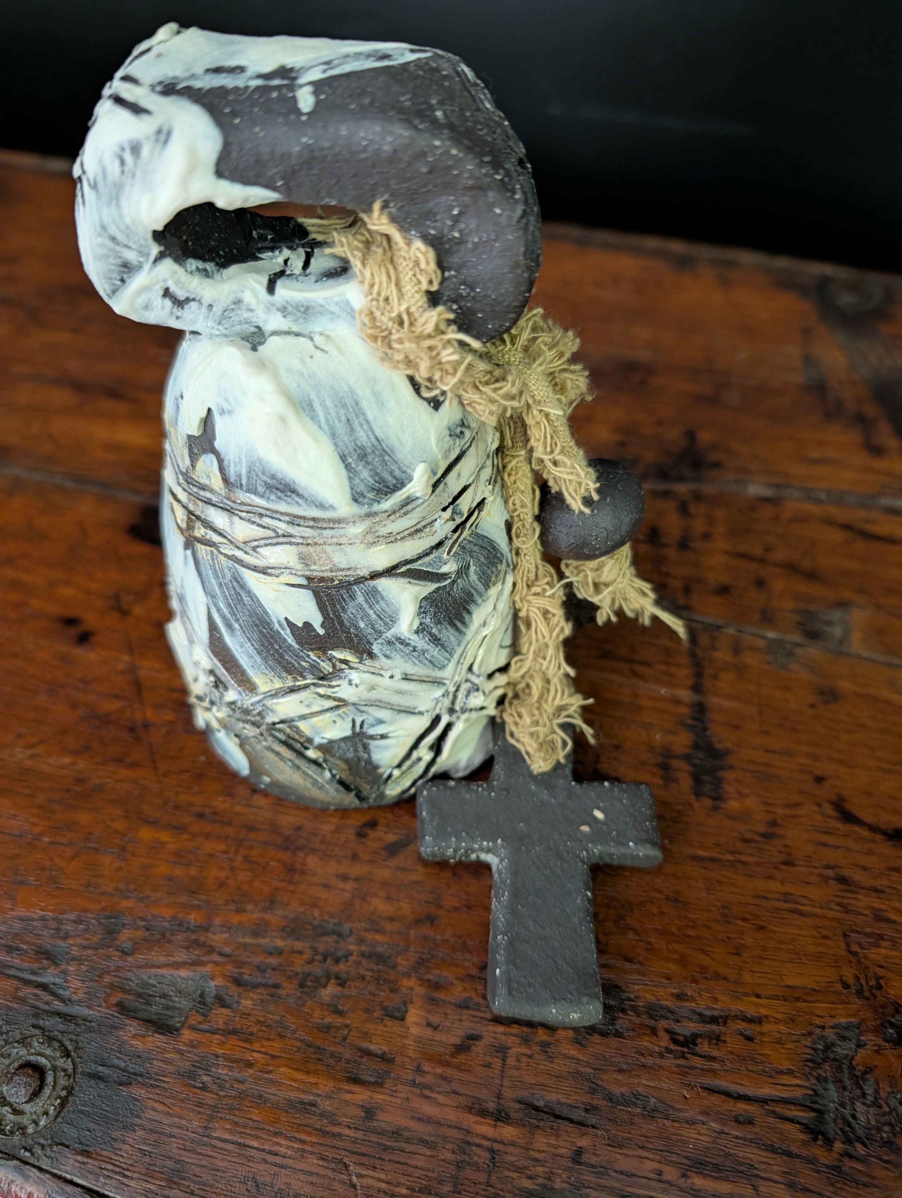Large Handcrafted Ceramic Bell - Timeless, Rustic with Cross accents