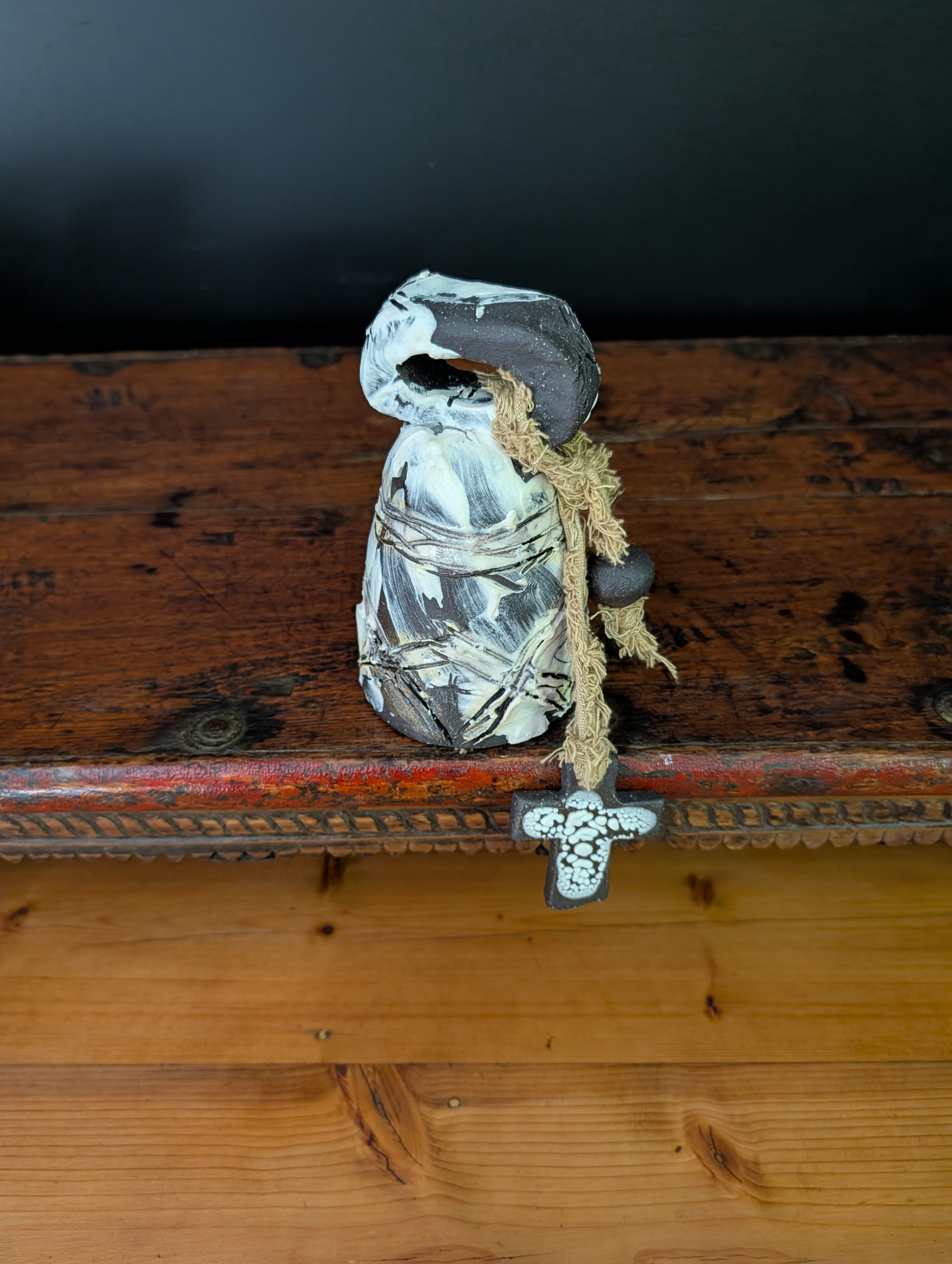 Large Handcrafted Ceramic Bell - Timeless, Rustic with Cross accents