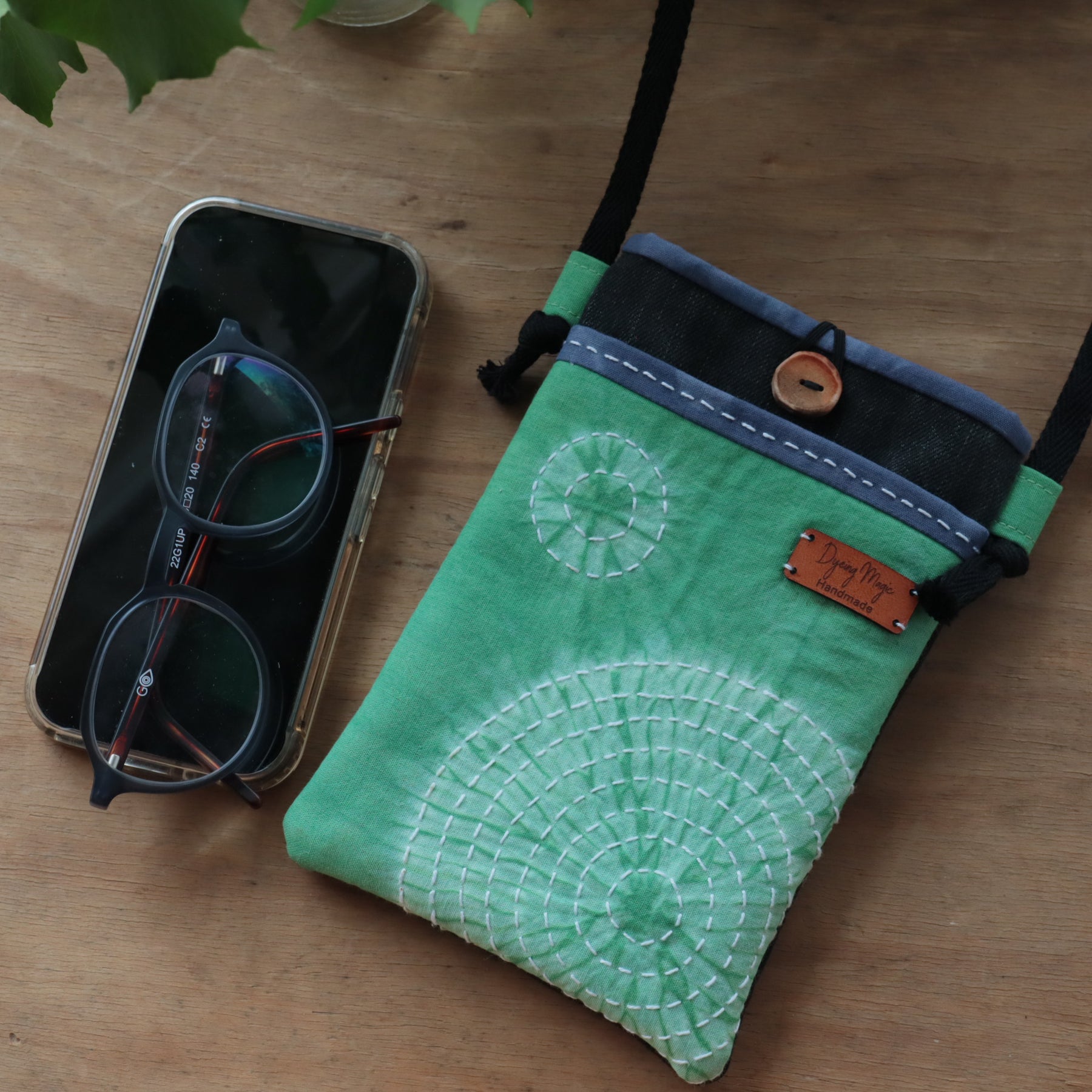 Tie Dyed Cross Body bag for Phone and Glasses, green, upcycled jeans