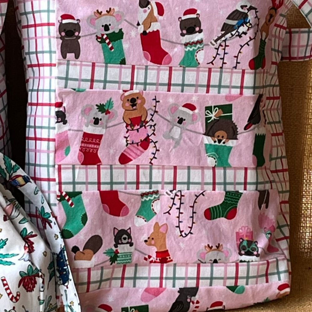 Handmade sustainable reusable fabric gift totes - Christmas fabric