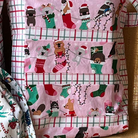 Handmade sustainable reusable fabric gift totes - Christmas fabric