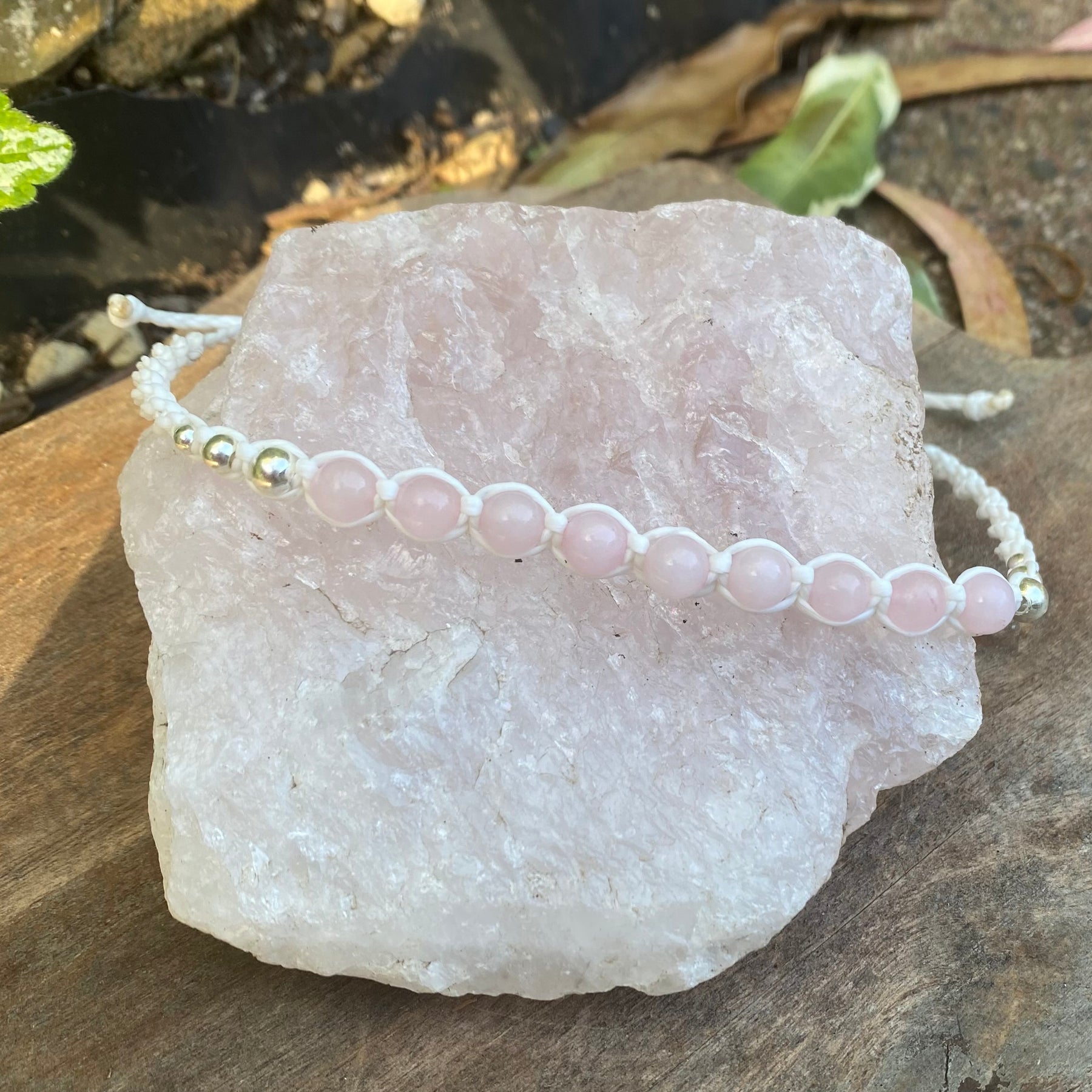 Rose Quartz Beaded Anklet: Macrame Adjustable Waterproof