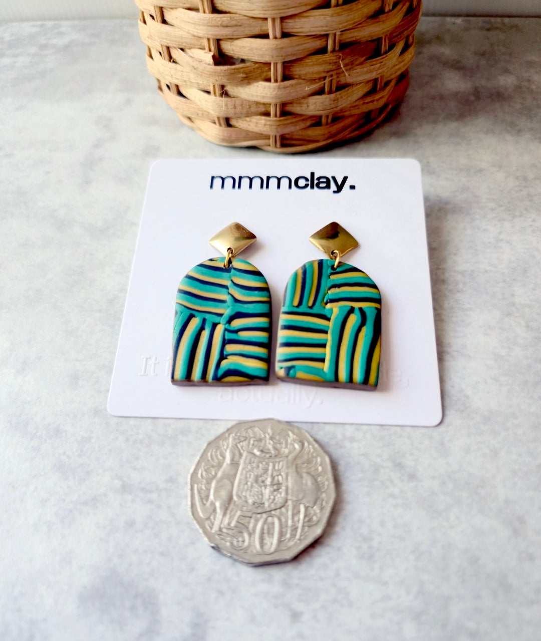 Teal and Mustard Striped Polymer Clay Arch Earrings