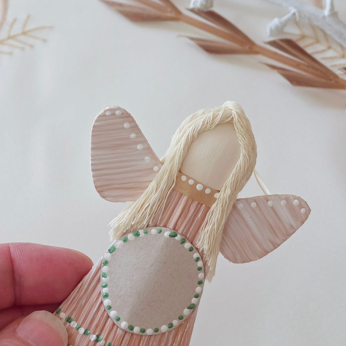 Hello - Palm Angel keepsake handmade green and white dots