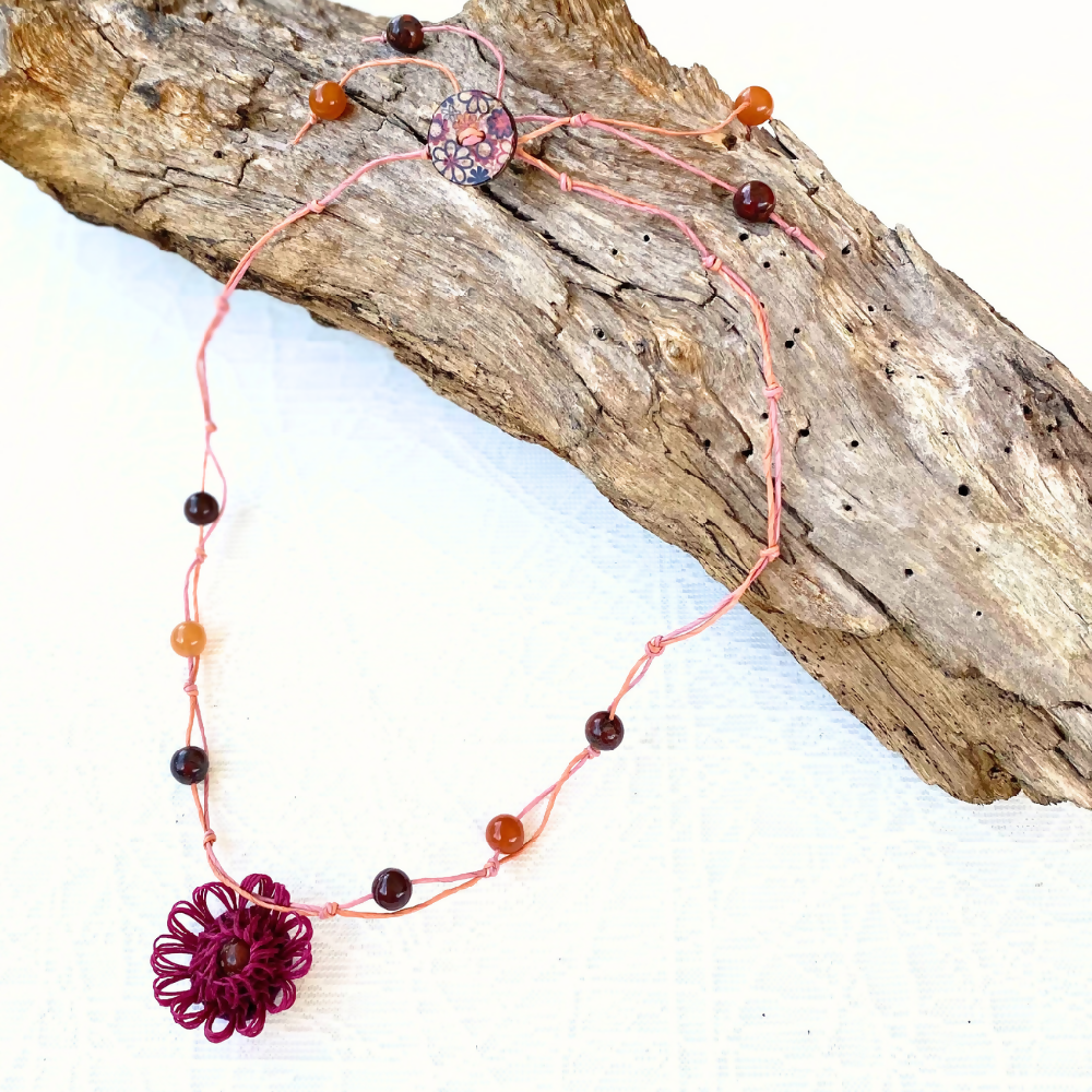 Necklace Knotted Gemstone Beads Flower Pendant Magenta