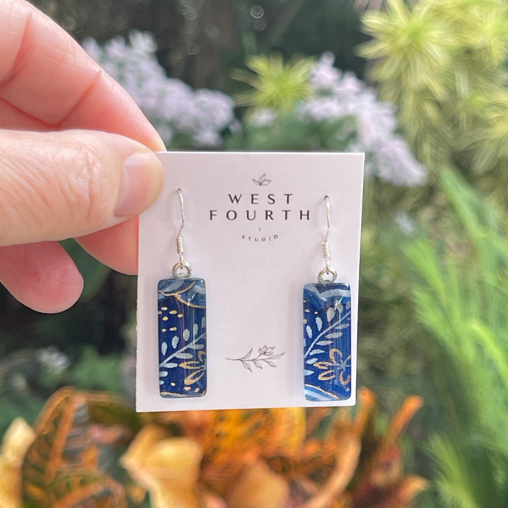 Indigo and Gold Japanese Paper Earrings • Handmade with Glass & Resin • One of A Kind