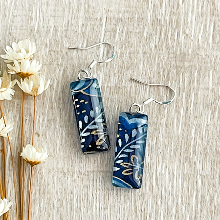 Indigo and Gold Japanese Paper Earrings • Handmade with Glass & Resin • One of A Kind