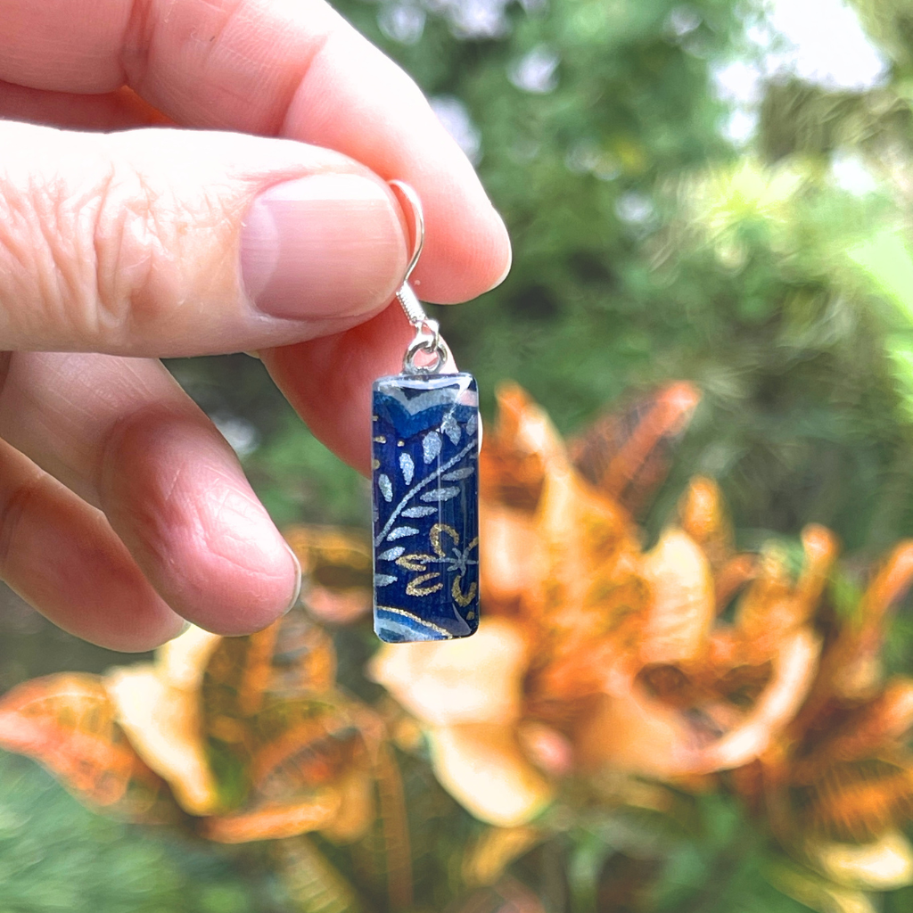 Indigo and Gold Japanese Paper Earrings • Handmade with Glass & Resin • One of A Kind