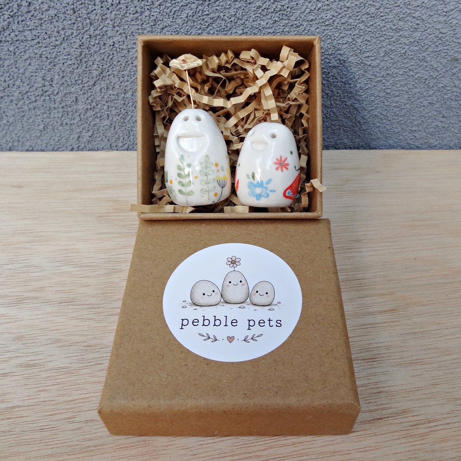Set of 2 miniature ceramic pebble pets. Collectable tiny ceramic pottery stone friends. Handmade Whimsical Shelf or desk decor