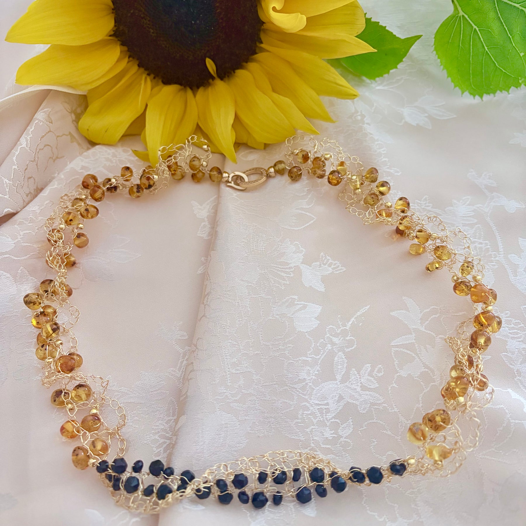 “Sunflower” Necklace — Amber & Black Onyx