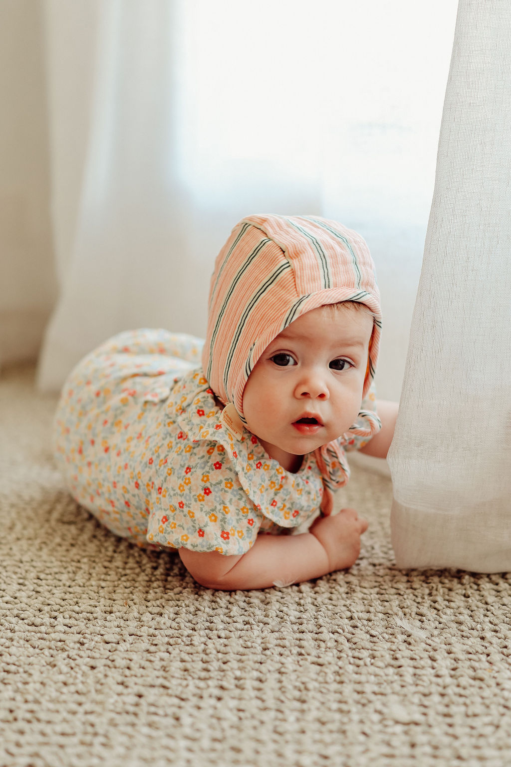 Baby Pink Cotton Seersucker Bonnet, Baby Girl Cotton Pink Bonnet