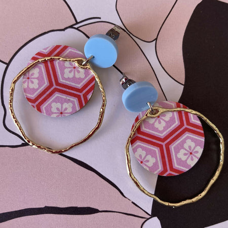 Pink / white / red geometric earrings