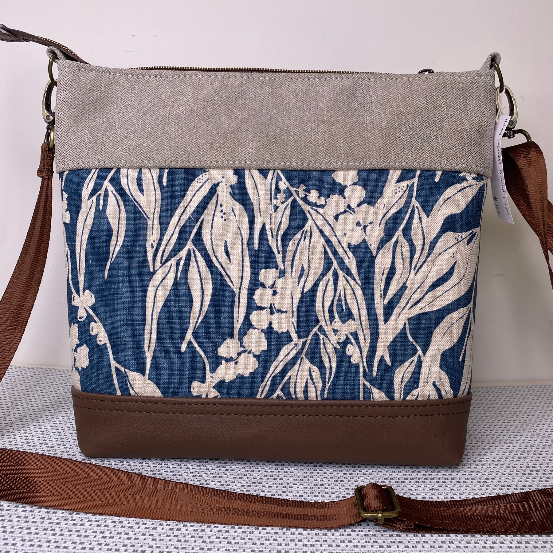 Lola Crossbody Bag - Hand Screen Printed Linen in Blue Gum leaves and Beige Fabric with Dark BrownFaux Leather Base