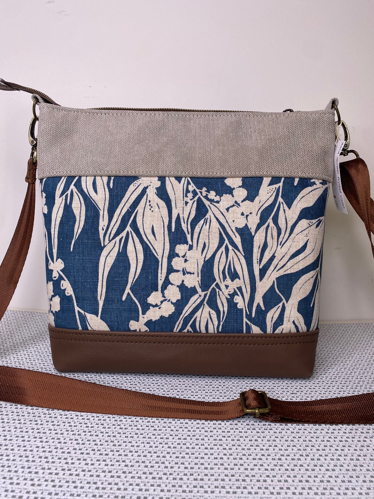 Lola Crossbody Bag - Hand Screen Printed Linen in Blue Gum leaves and Beige Fabric with Dark BrownFaux Leather Base