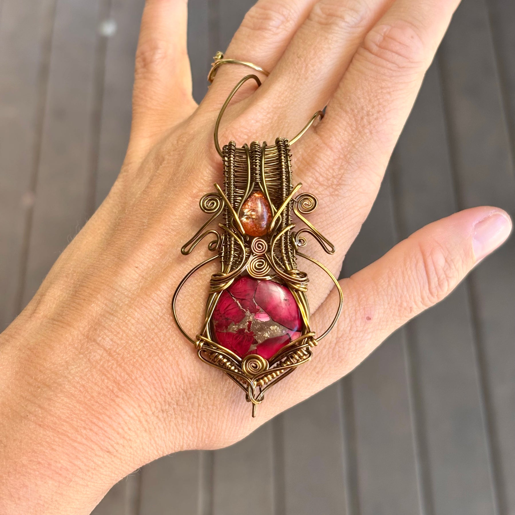 Sunstone Mojave turquoise copper crystal wire wrap pendant