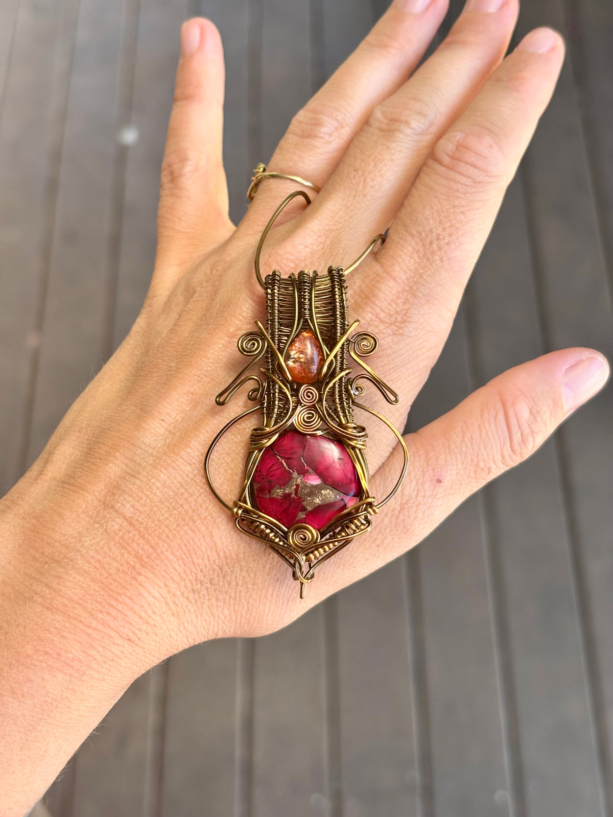 Sunstone Mojave turquoise copper crystal wire wrap pendant