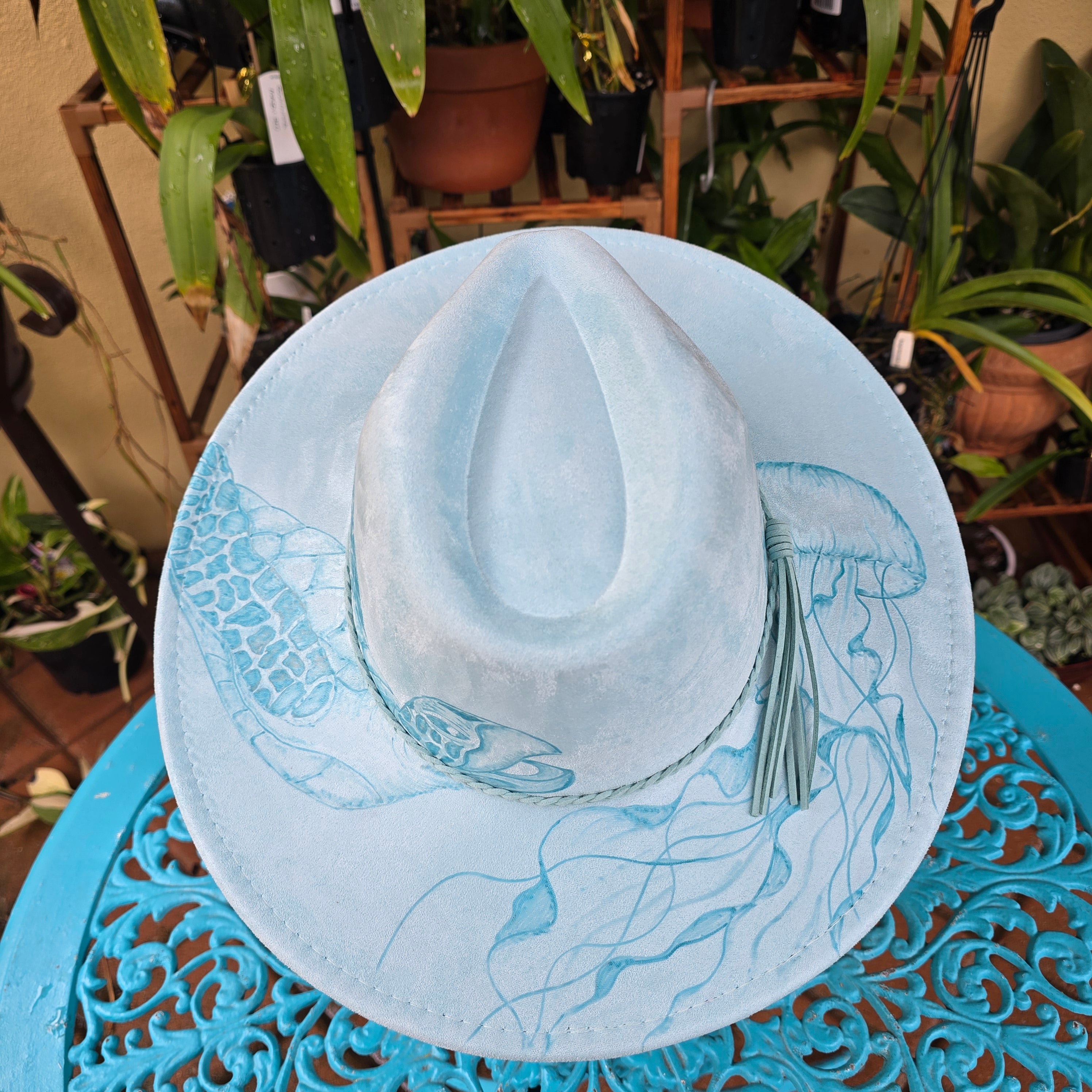 Hand burnt fedora hat : The turtle and The jellyfish