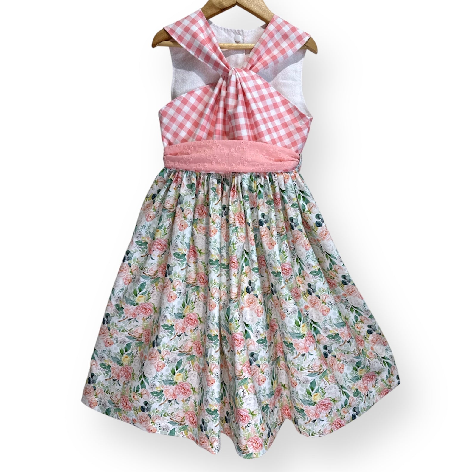 Azalea Dress – Draped Gingham Bodice & Floral Skirt (Size 8)