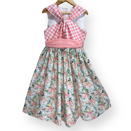 Azalea Dress – Draped Gingham Bodice & Floral Skirt (Size 8)