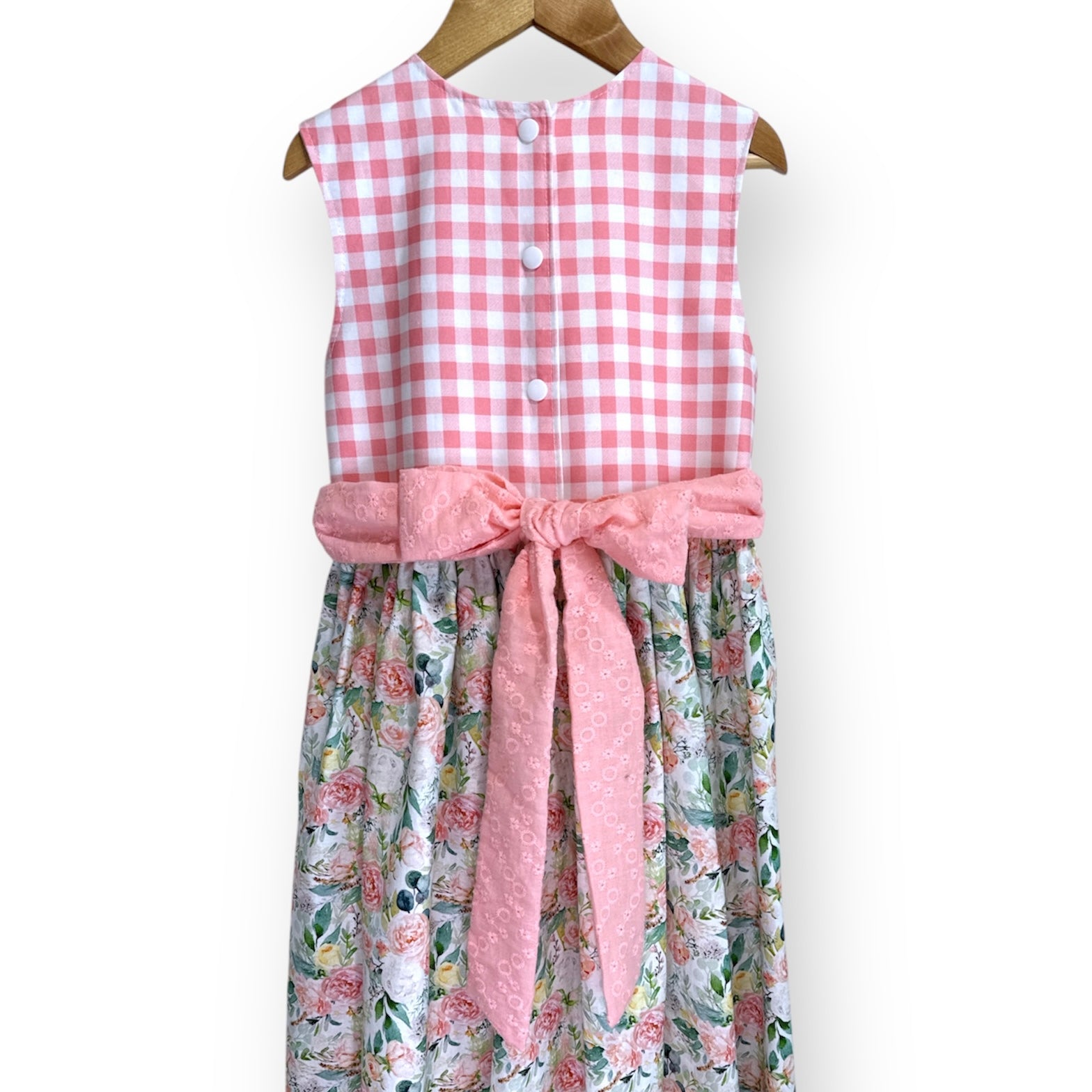 Azalea Dress – Draped Gingham Bodice & Floral Skirt (Size 8)