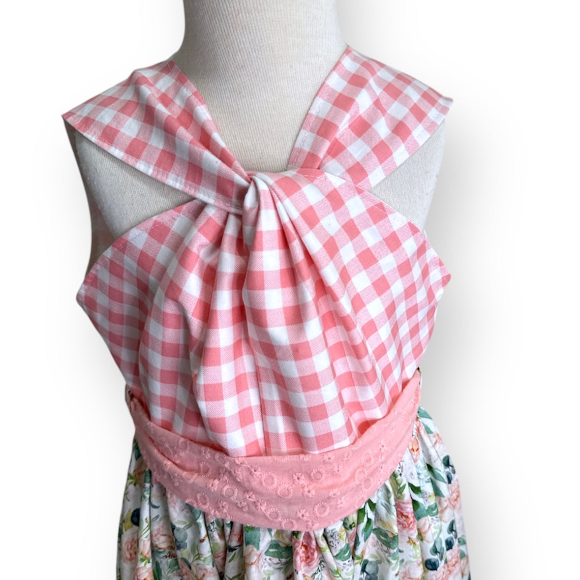 Azalea Dress – Draped Gingham Bodice & Floral Skirt (Size 8)
