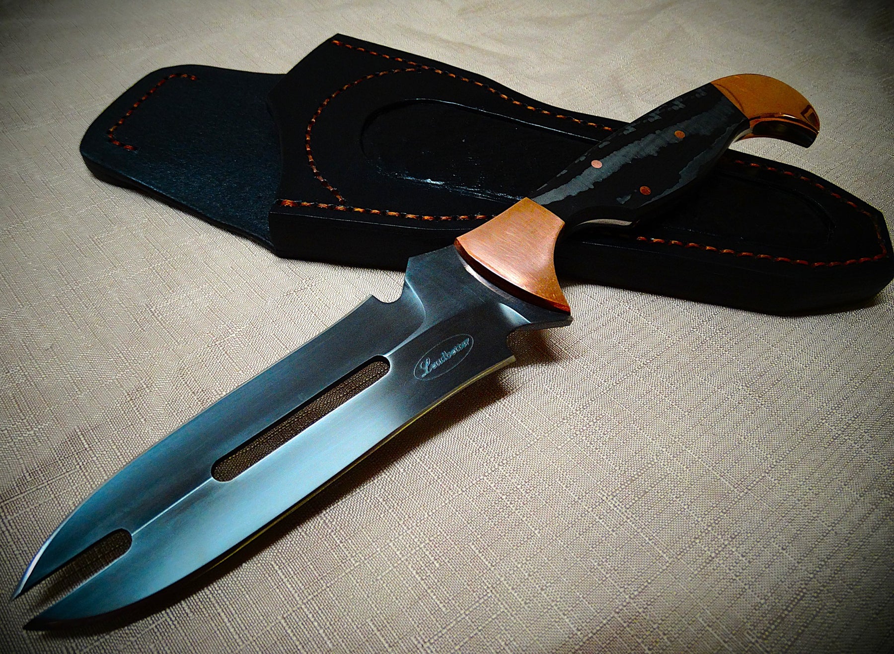 Art knife, exotic leather sheath, Copper, carbon fibre