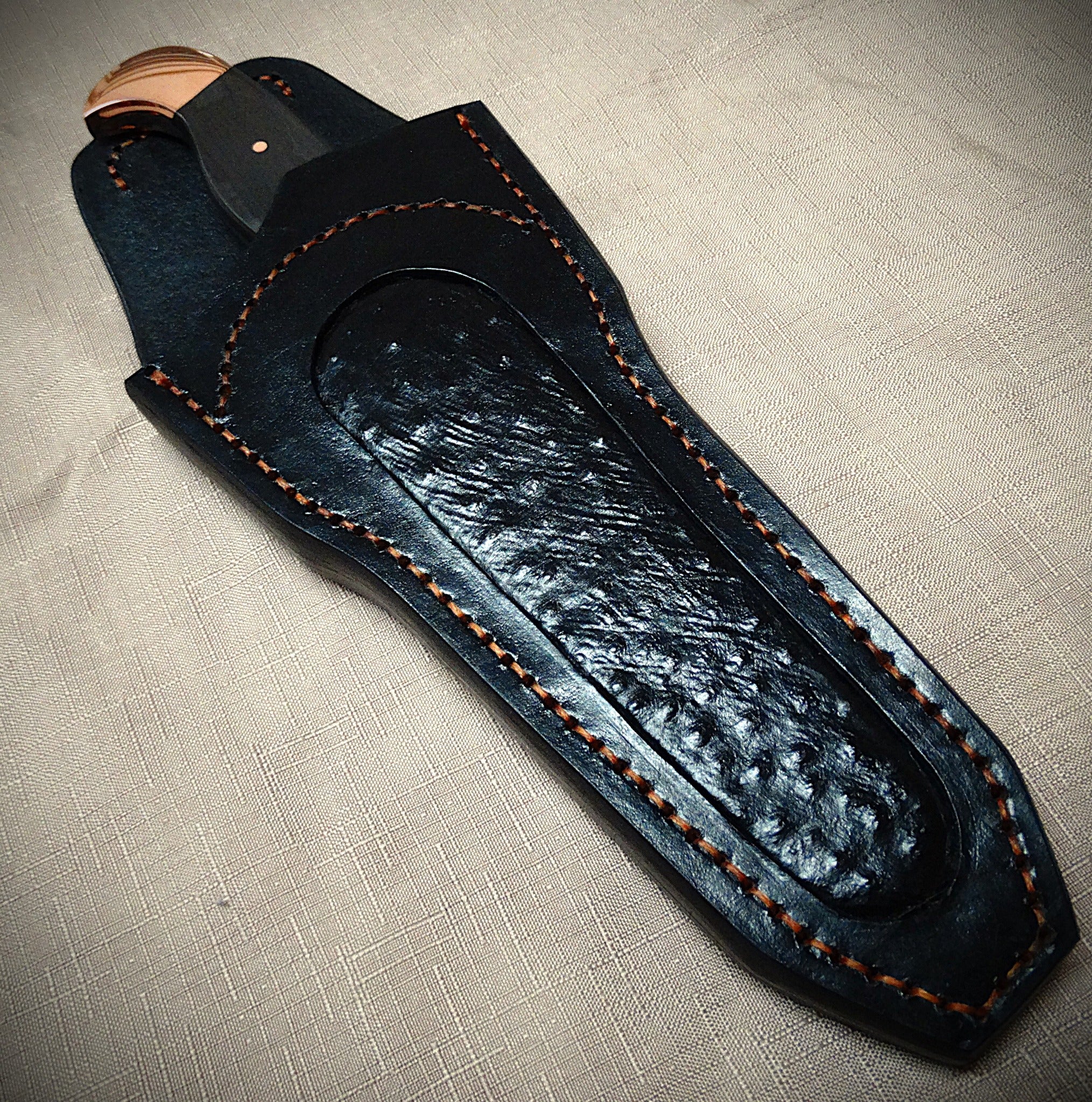Art knife, exotic leather sheath, Copper, carbon fibre