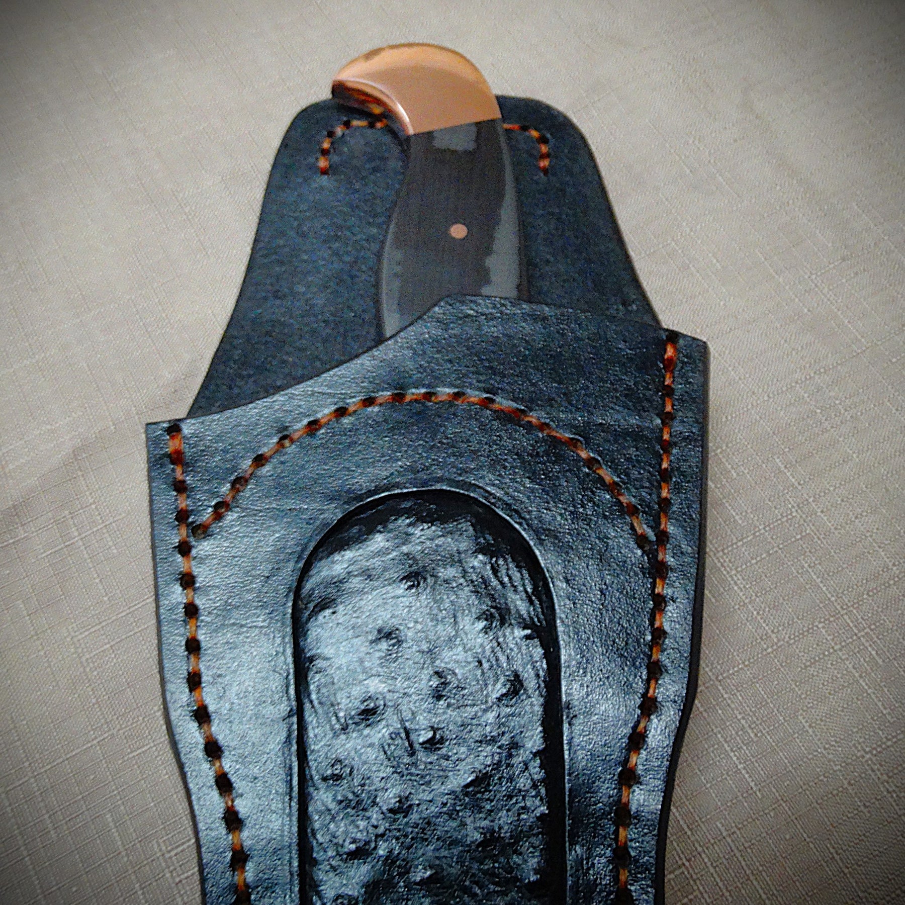 Art knife, exotic leather sheath, Copper, carbon fibre