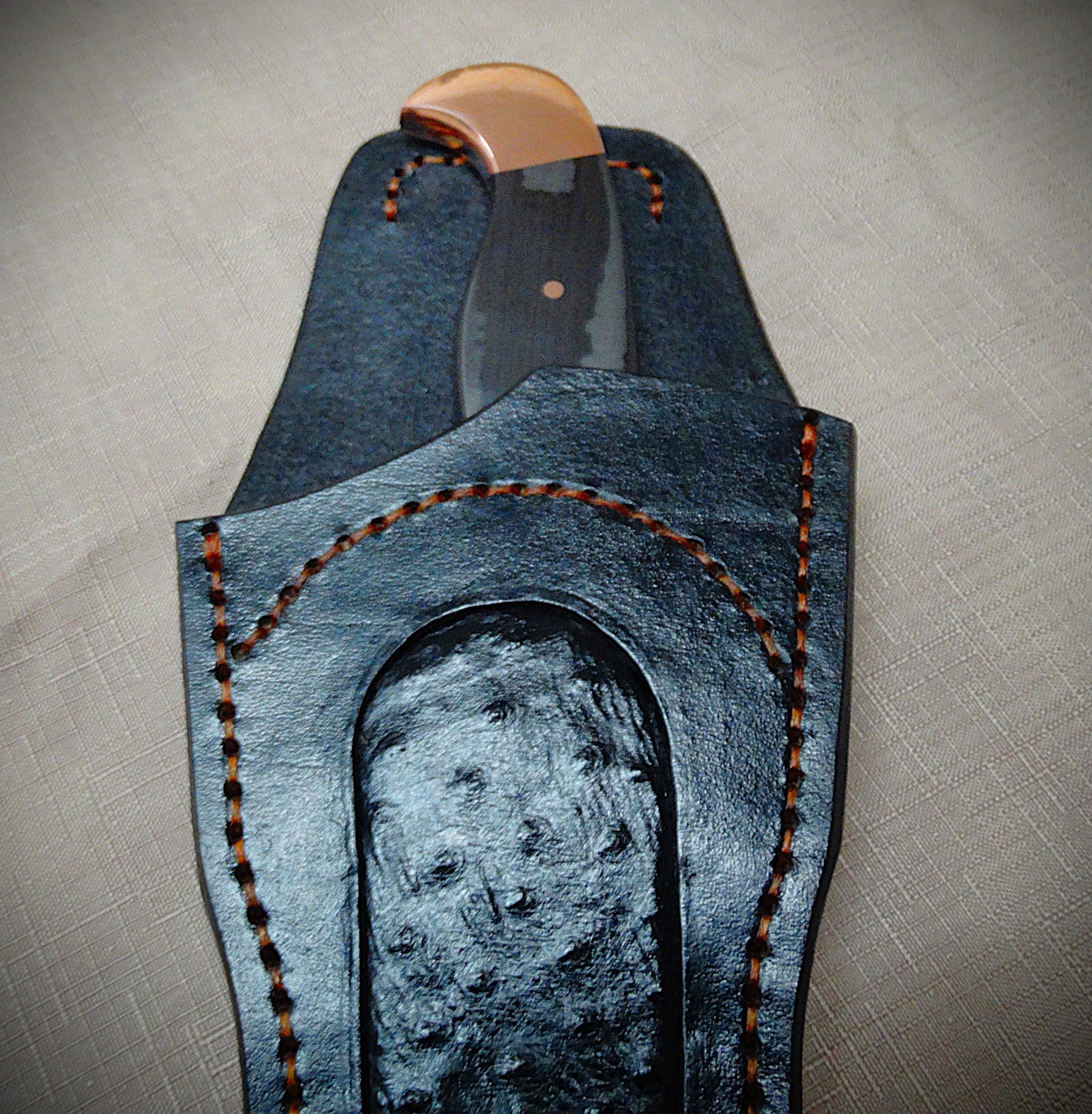 Art knife, exotic leather sheath, Copper, carbon fibre