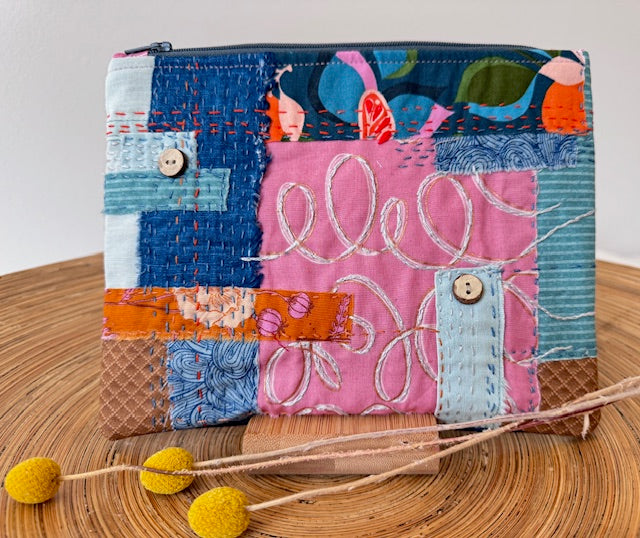 Zipper Pouch - Textile Collage - Curvy Pink
