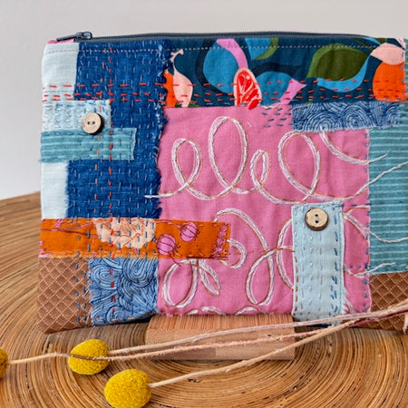 Zipper Pouch - Textile Collage - Curvy Pink