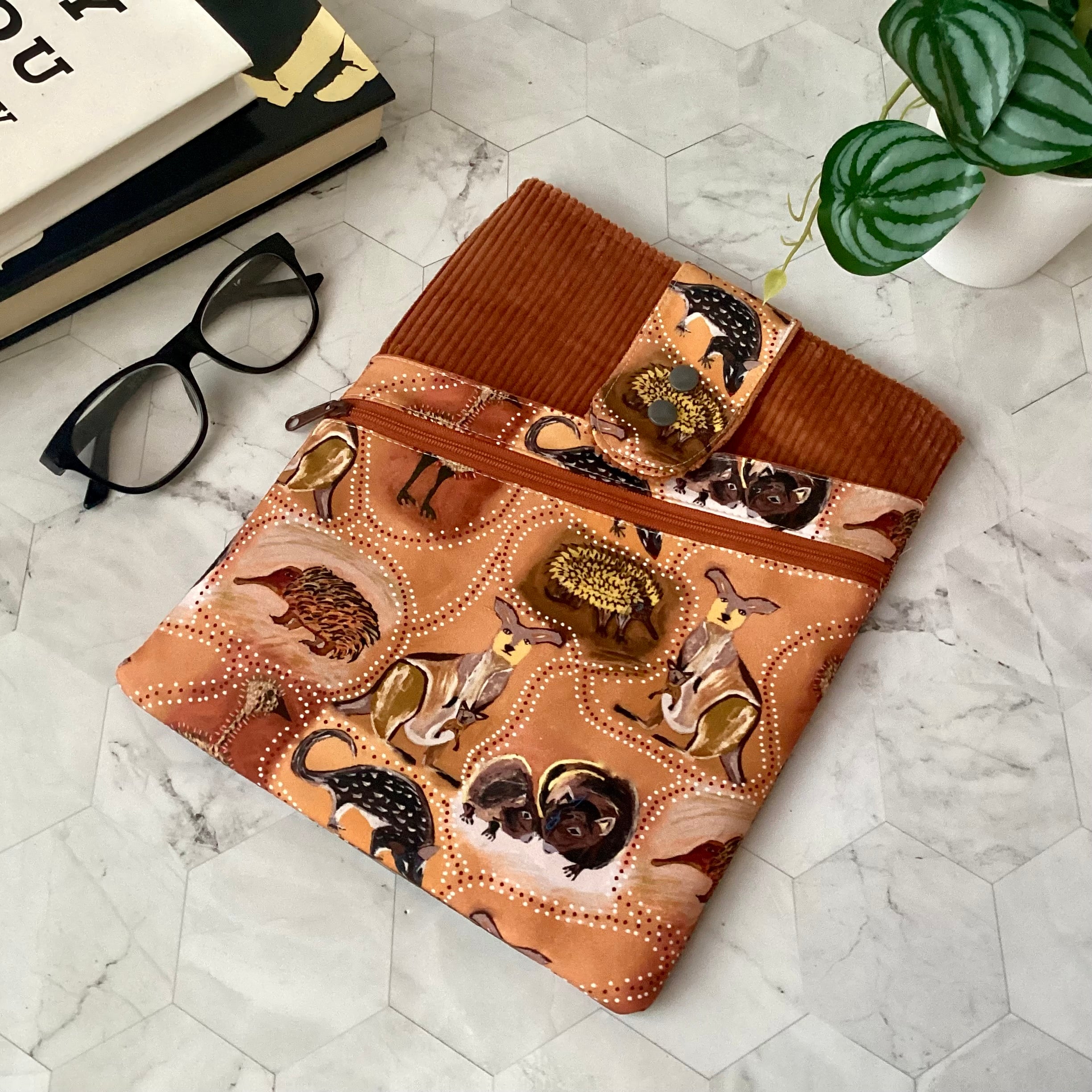 Indigenous Animals fabric book sleeve with 2 pockets. iPad, tablet pouch