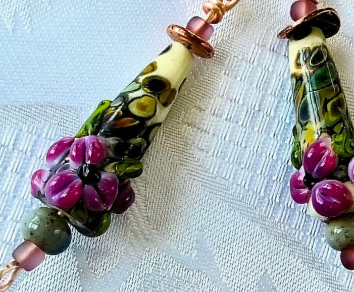 Gorgeous Purple Flower and Cream Lampwork Earrings FREE POST